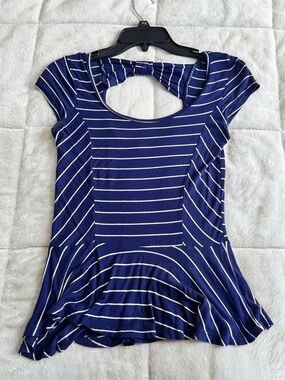 paper tee Navy and White Striped Bow-Back Peplum Top